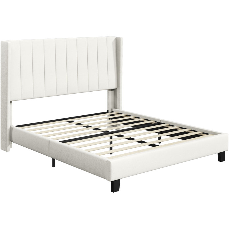 Upholstered Bed Frame with Channel Tufted Headboard, Kingsize (5'), Linen Fabric/Beige