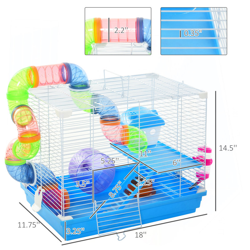 Cage à hamster 18 "à 2 niveaux avec roue et bouteille d'eau, bleu
