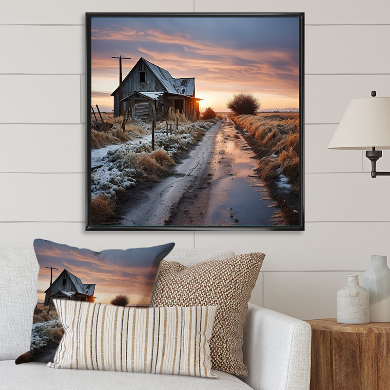 Barns Winter Scenery sur toile, H 30 po x l 30 po x P 1 po, Cadre flottant noir