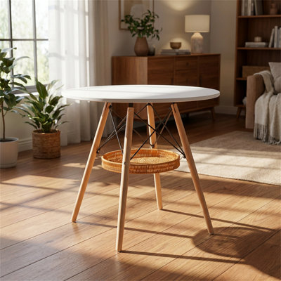 Table de salle à manger ronde (2 à 4 places), plateau en panneau de fibres à densité moyenne avec pieds en bois massif, panier de rangement suspendu tissé, table basse de style industriel Mid-Century