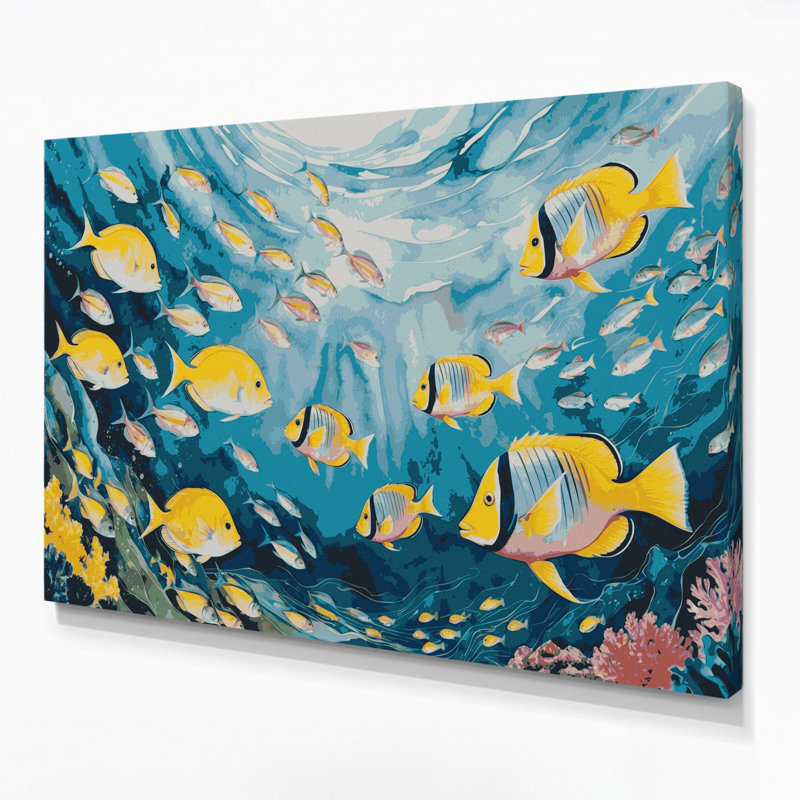 Art mural sur toile hawaïenne, groupes de poissons bleus, H 8 po x l 10 po