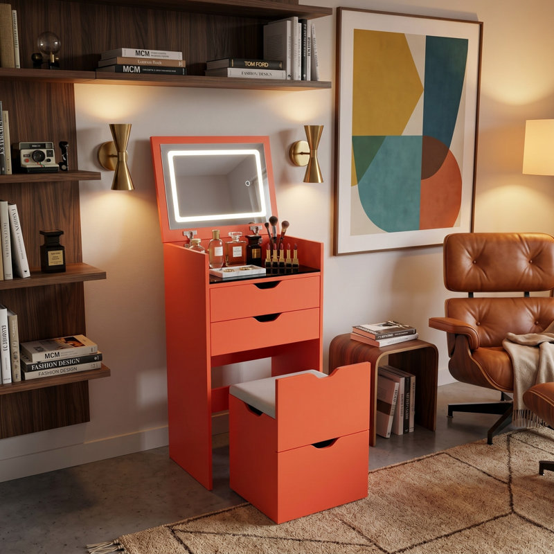 Coiffeuse 3 en 1 avec miroir rabattable et lumières, bureau de maquillage compact avec tabouret caché et tiroirs de rangement, orange