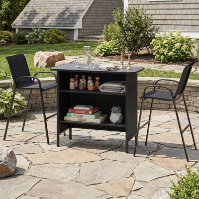 3-Piece All-Weather Outdoor Bar Bistro Set, 2 Bar Stools With Stable Non-Slip Footrest, 1 Bar Table With 2-Tier Storage Shelf, Rust-Proof Reinforced Frame Suitable For Patio Bar, Backyard