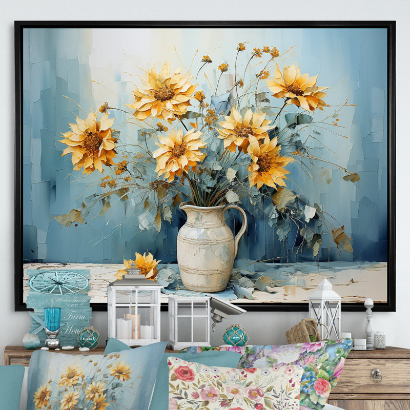 «Blue Sunflowers Farmhouse Still Life» sur toile, Cadre flottant noir, H 12 po x l 20 po x P 1 po