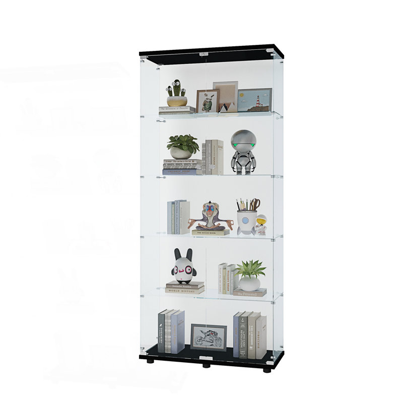 Vitrine à deux portes, vitrine avec 5 tablettes et armoire d'appoint, Noir
