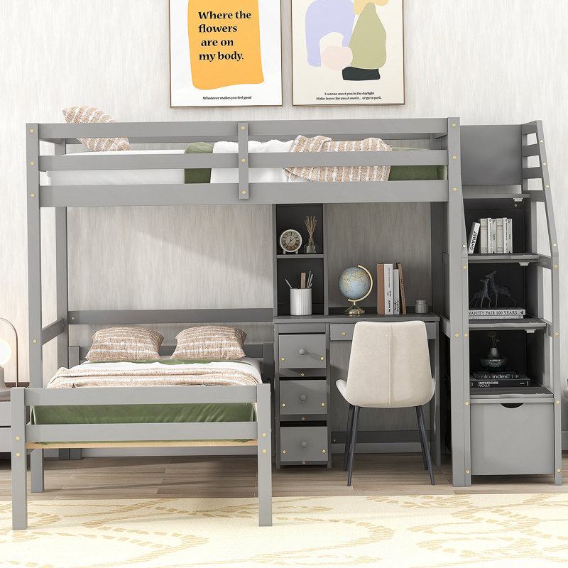 Lit mezzanine avec rangement pour escalier et tiroirs Sd-Alone, Gris