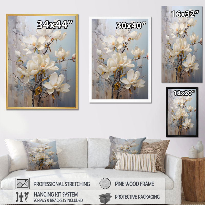 «White and Blue Magnolia Blossom Beauty», reproduction sur toile, Cadre flottant blanc, H 44 po x l 34 po x P 1,5 po