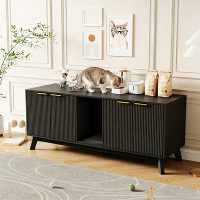 Enceinte de litière pour chat pour 2 chats, meubles de litière cachée avec tapis de litière pour chat, grande maison pour animaux de compagnie avec chambre double, table d'appoint en bois pour meuble télé, noir
