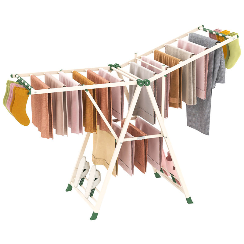 Séchoir à linge pliable en métal avec ailes réglables en hauteur, 18 rails de séchage beige, Beige/vert