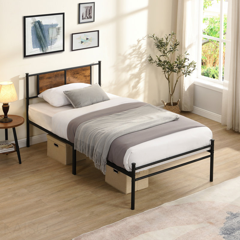 Twin Xl Size Metal Bedframe,Headboard With Wood Panel Decoration,Black, Twin XL