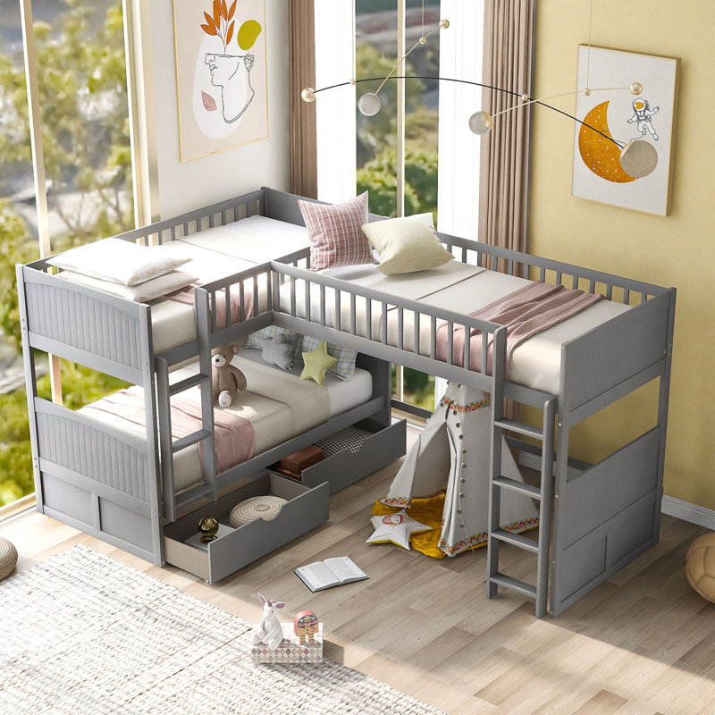 Lit superposé avec lit mezzanine attaché, avec deux tiroirs, Gris