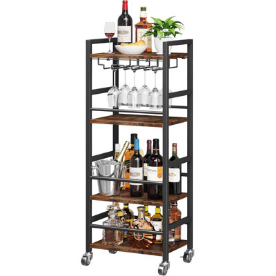 Rustic Brown Small Bar Cart, Home Serving Cart With 4-Tier Shelf & Glass Holder, Mobile Kitchen Shelf With Large Storage For Small Spaces Kitchen Dini by Trent Austin Design