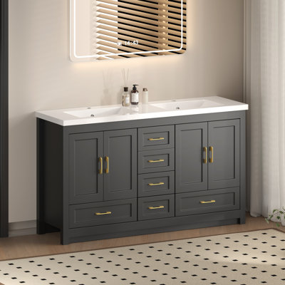 Meuble-lavabo 60 po NOIR. Armoire de rangement abondante - 4 portes à fermeture douce et 6 tiroirs