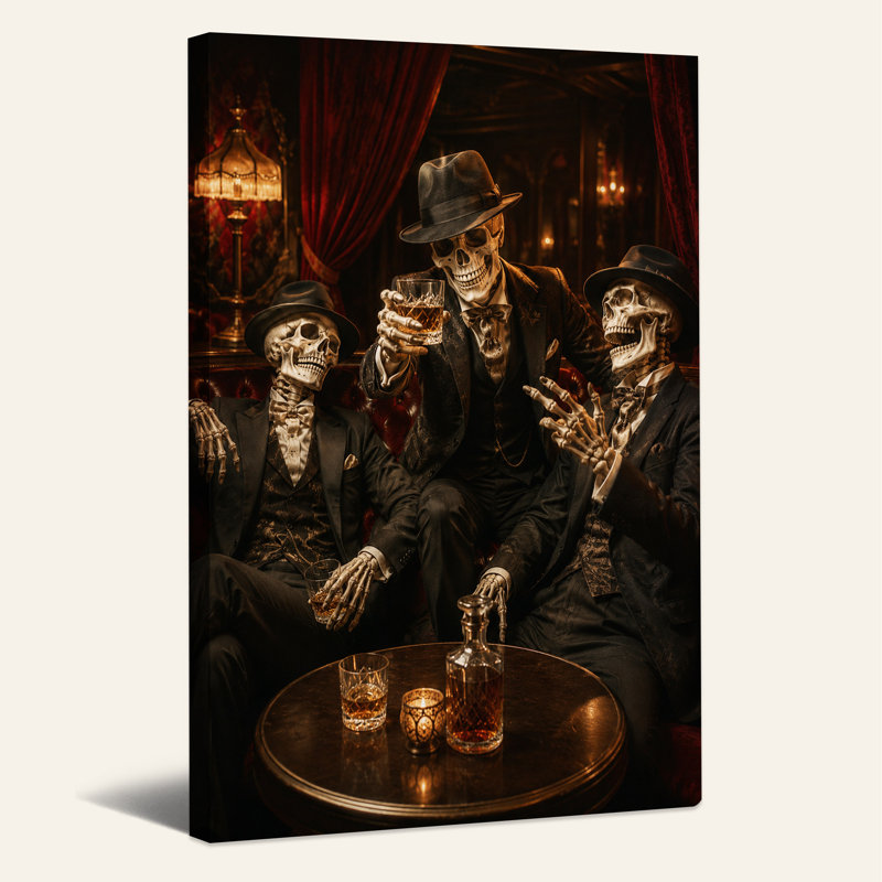 «Three Skeleton Men in Suits Dr buing Whiskey in Halloween», art mural sur toile, 18"H x 12"W