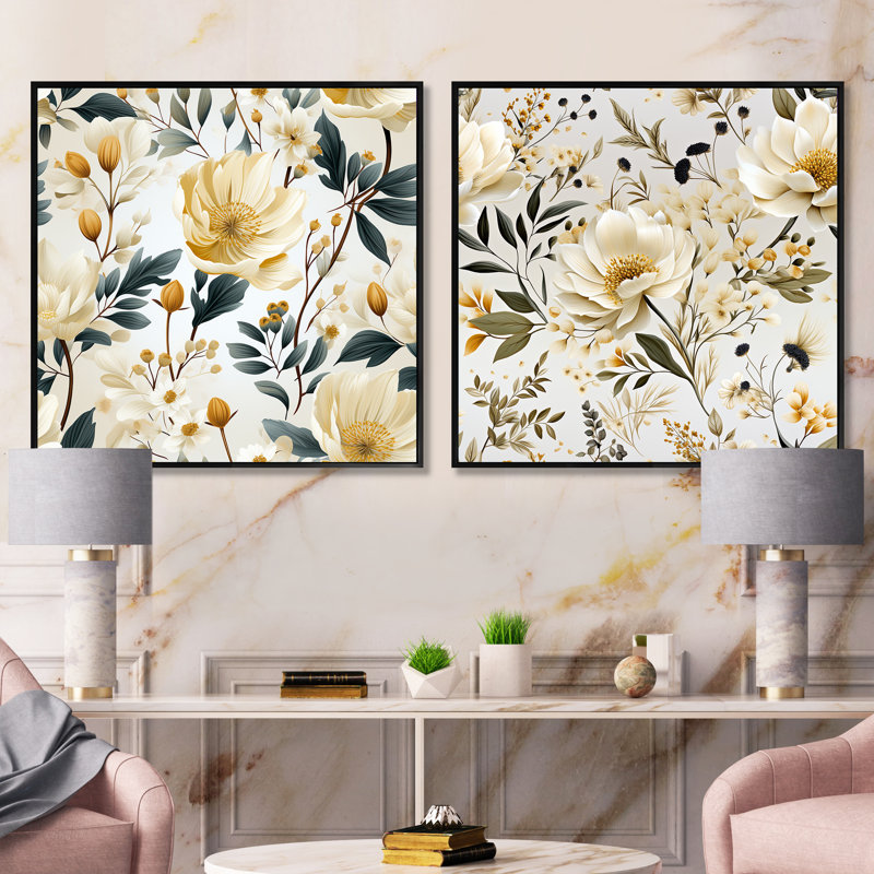 Pelhat - Ensemble de 2 collages carrés floraux, Cadre flottant noir, H 16 po x l 33 po
