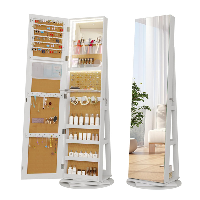 Modern Beige Yellow Triangular Jewellery Armoire With LED Lights, Full-Length Mirror, And 360° Swivel Base, Beige