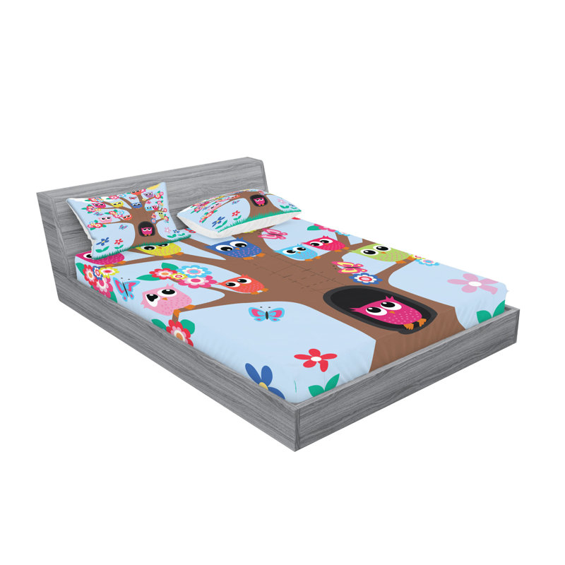 Ambesonne Owl Fitted Sheet & Pillow Sham Set, Multicolor, Calking Sheet Set + 1 Fitted Sheet + 4 Pillowcases