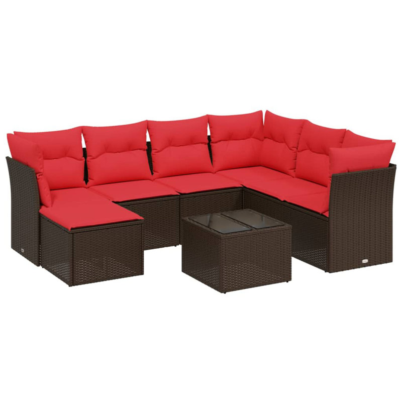 Ensemble de canapé de patio 8 pièces avec coussins en rotin de polyester, Rouge, Brun