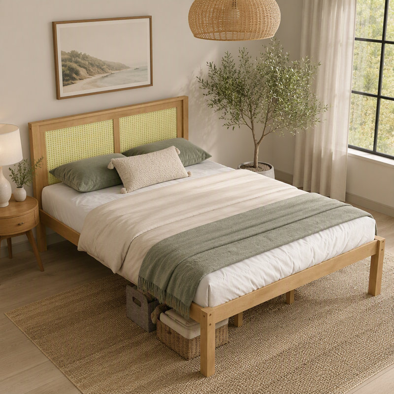 Lit plateforme queen en bois massif avec tête de lit en rotin et rangement sous le lit ; sommier non requis