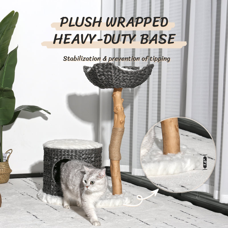 Gray and Natural Wood Cat Tree with Woven Condo