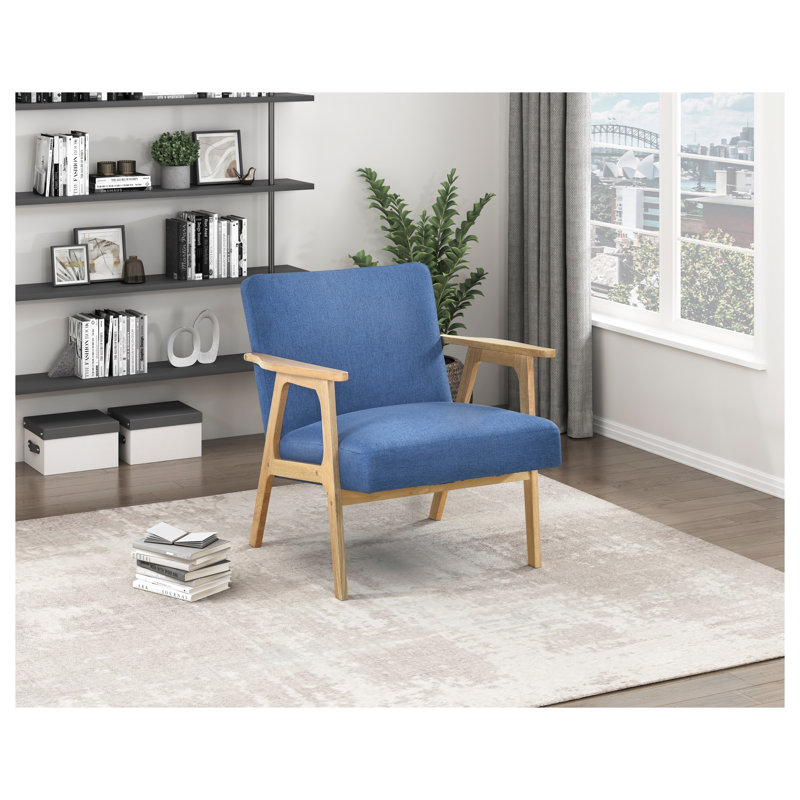 Chaise berçante d'appoint rembourrée en tissu bleu moderne avec structure en bois d'hévéa massif, finition naturelle - Meubles de salon contemporains