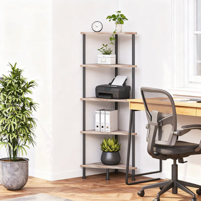 Industrial 5-Tier Corner Bookshelf With Metal Frame, Space-Saving Storage Shelf For Living Room, Bedroom, And Small Spaces
