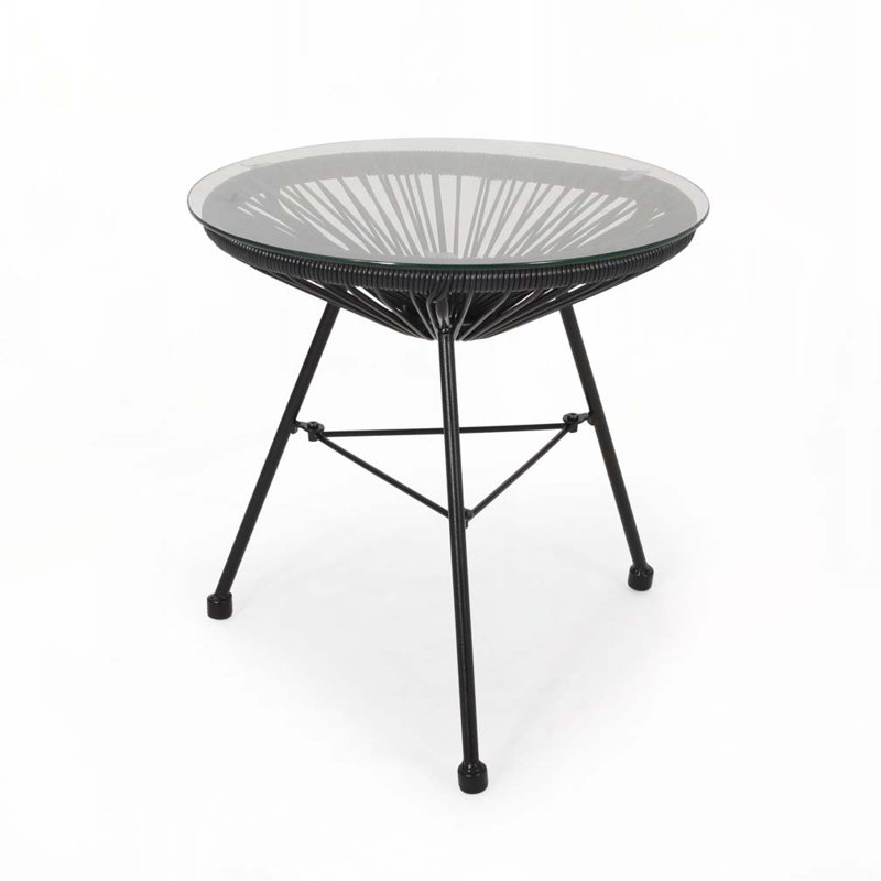 Patio Side Table with Metal Frame,Round Glass Top, Black
