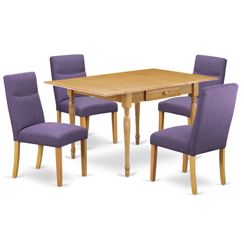 5 Piece Kitchen Table Set for 4 Includes a Rectangle Dining Room Table with Dropleaf and 4 Linen Fabric Parson Dining Chairs, Oak