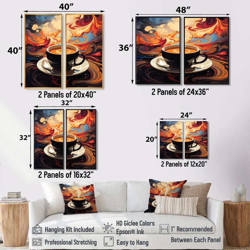 «Yellow Steaming Cup Of Coffee I», impressions d'art traditionnel jaune sur toile, H 36 po x l 48 po, Noir