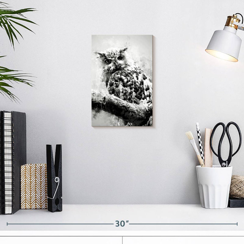 Brampt Owl Looking Black And White, 12" H x 8" W