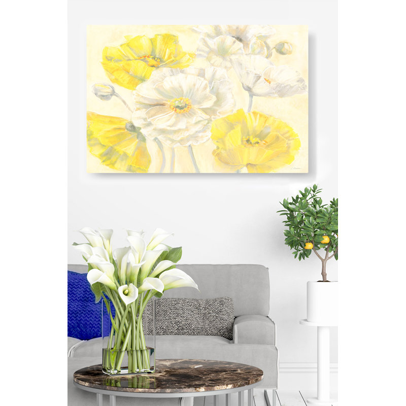 Fleur coquelicots sur jaune, blanc, or, H 24 po x l 36 po x P 1,5 po