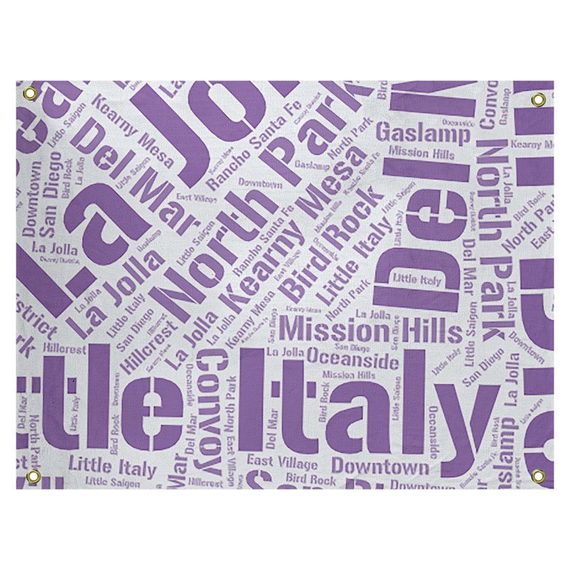 Tapisserie de polyester districts, art word, H 59 po x l 80 po, Orange, San Diego