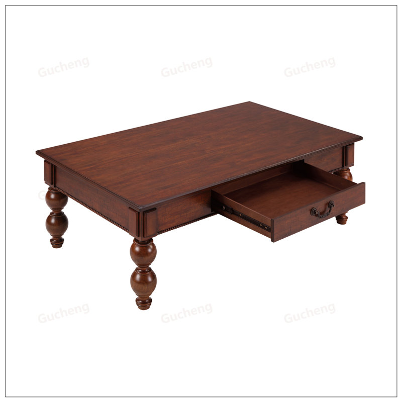 Vintage Rectangular Wooden Coffee Table with Storage, Solid Wood Gourd-Shaped Legs for Elegant Living Room Decor, Walnut