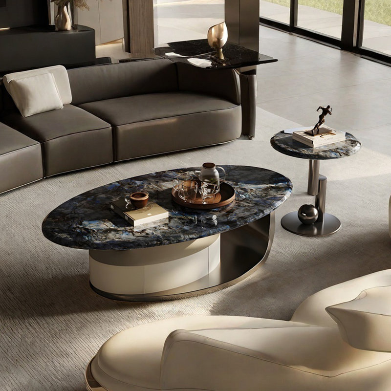 Table basse ovale en pierre supercristalline, H 16,1 po x l 47,2 po x P 27,6 po, Noir / blanc