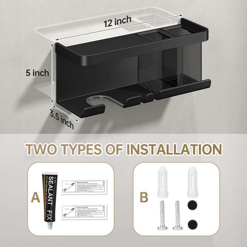 Hair Dryer Holder, Blow Dryer Organizer, Hair Dryer Holder Wall Mounted With Shelf, Black
