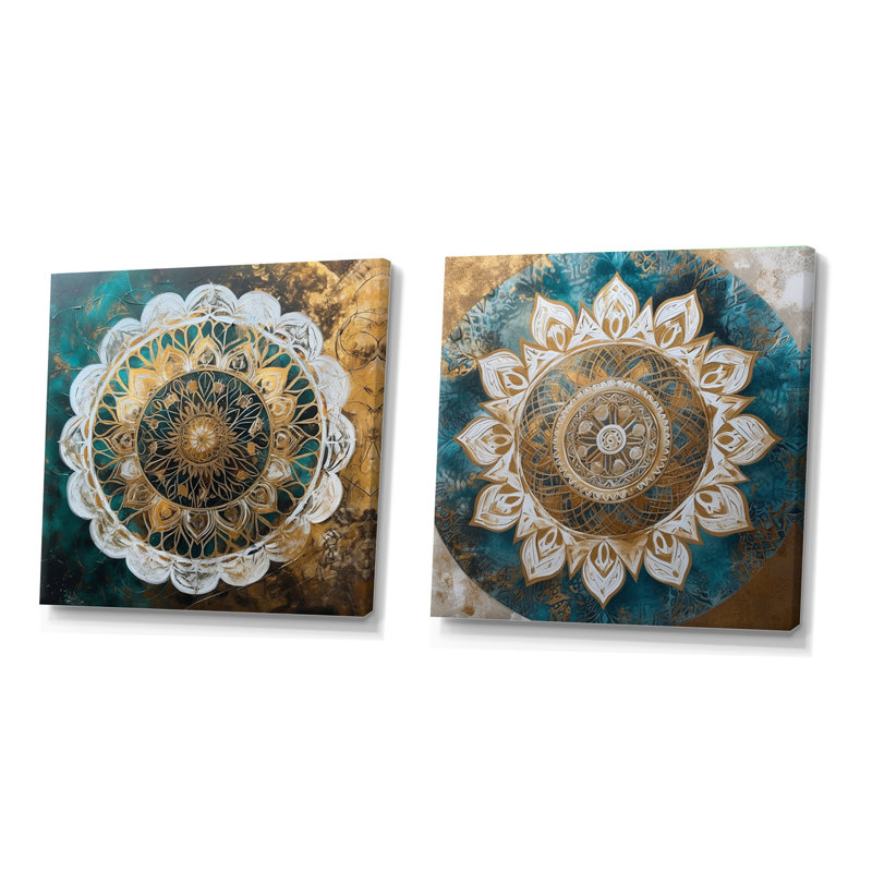 Mandala bleu sarcelle et doré - ensemble de 2 collages carrés boho mandala, Toile tendue, H 16 po x l 33 po