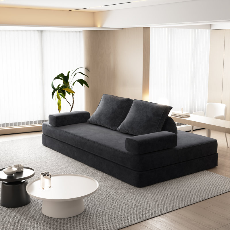 Boneless 86.6" Multifunctional Convertible Compression Sofa Bed with 2 Tumbler Backrests and 2 Pillows, Dark Gray