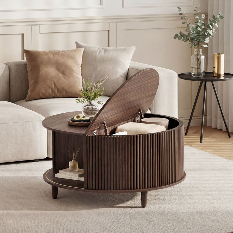  Lift-Top Coffee Table with Hidden Storage, Round 31.5" Wooden Cocktail Table for Living Room, Brown & Black Finish
