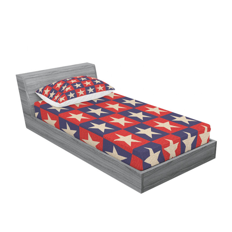 Ensemble de draps géométriques en bleu marine et rouge avec étoiles, Ensemble de draps pour lit simple TG avec drap-hou