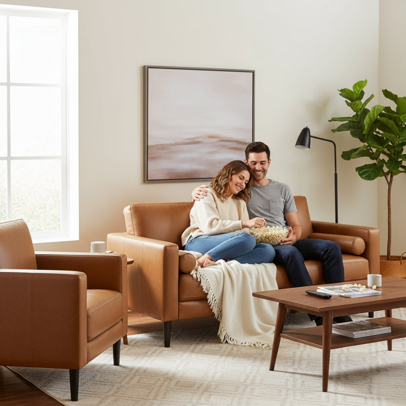 Ensemble de fauteuils et canapé en cuir véritable 2 pièces Nataniel, Cuir véritable brun