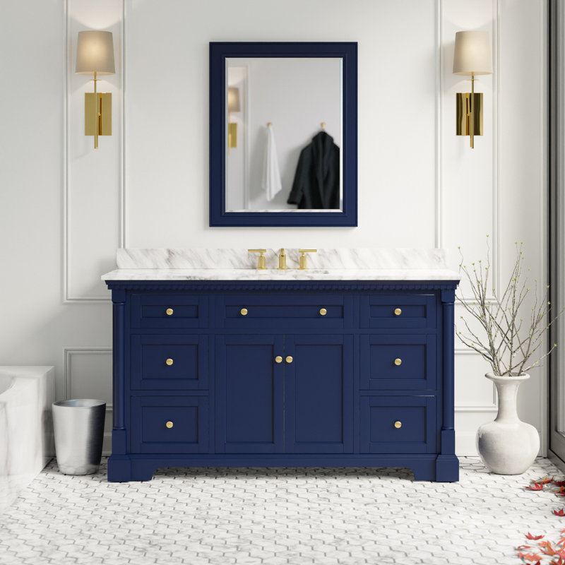 Fossen 60'' Single Bathroom Vanity with Top, Royal Blue, Carrara Marble