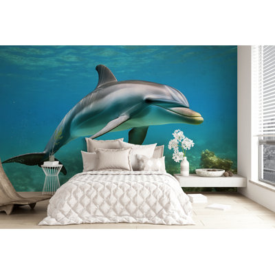 Dolphin Swimming Wallpaper – Realistic Ocean Scene, Sea Life Animal Wall Mural, Marine Blue Water Background, Underwater Wallpaper For Room