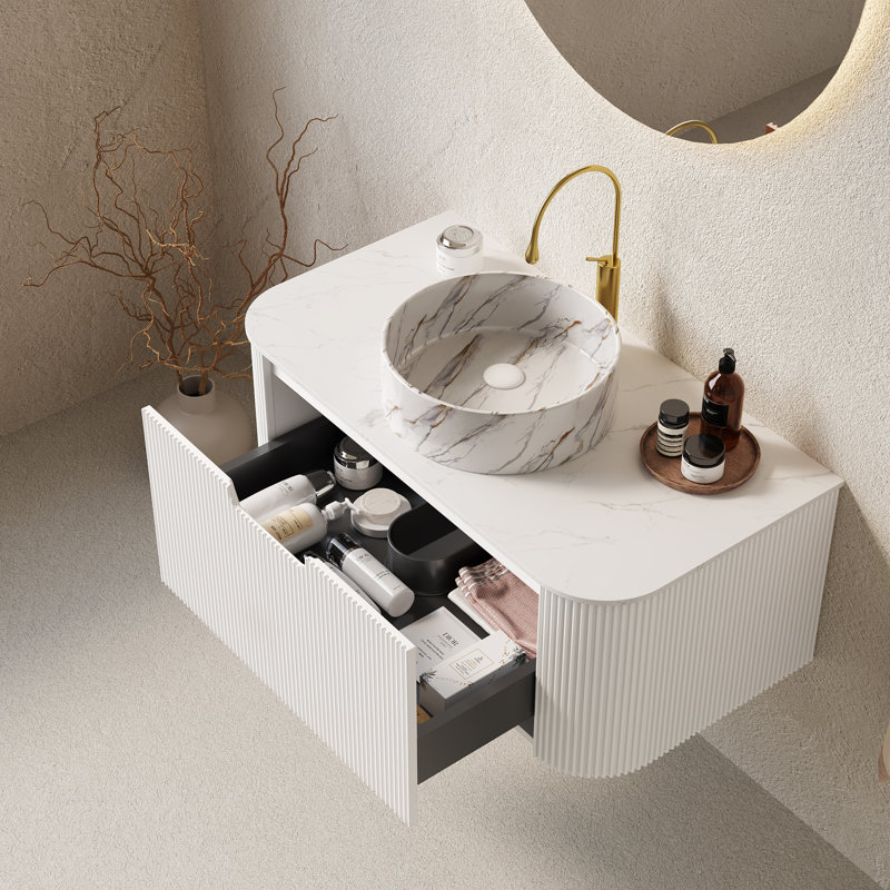 Meuble-lavabo de salle de bain flottant moderne 36 ", pierre frittée et céramique