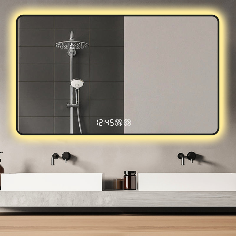 Miroir de salle de bain 38,57 x 30,32 pouces avec cadre noir, coins arrondis, affichage de la température, lumières à DEL changeantes tricolores et désembuage 29 x 39 pour salle de bain