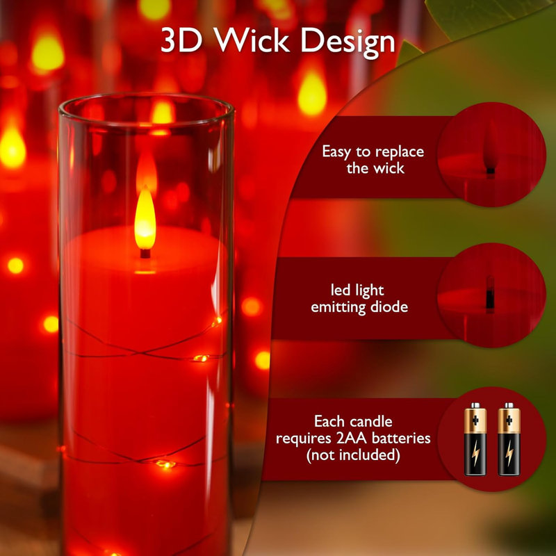 Flameless Led Candles With Embedded Star String, 5 Pcs Battery Operated Acrylic Pillar Candles With Timer And Remote, Flickering Candles For Romantic Ambiance And Home Decoration(red)