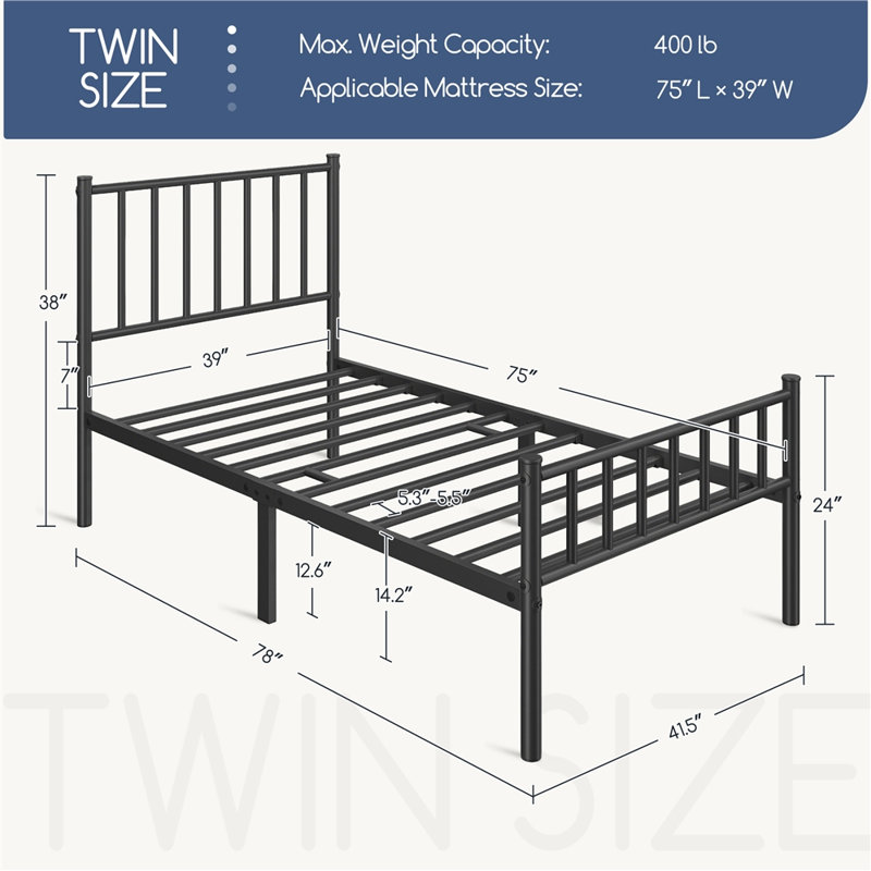 Birmati Metal Platform Bed Minimalist Bed Frame with Headboard and Footboard, Black, Twin