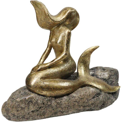 Gold Leaf Resin Abstract Art Mermaid Sunbathing On Ocean Rock Figurine 8.5" L