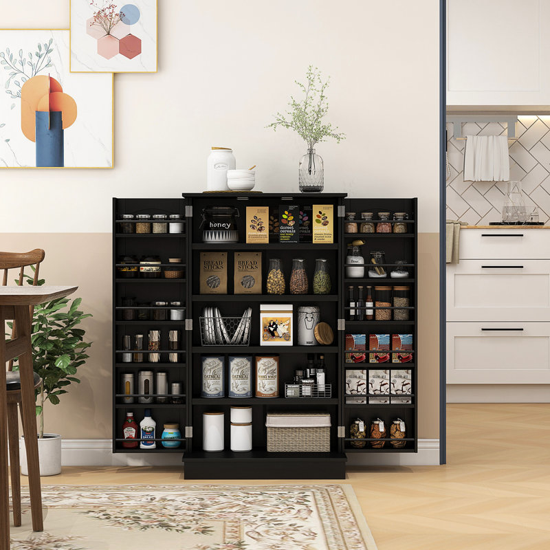 41" Freestanding Pantry Unit, 12 Door Shelves, 5 Adjustable Shelving, Black For Snack Storage Kitchen Pantry, Black, Store Your Kitchenware Neatly
