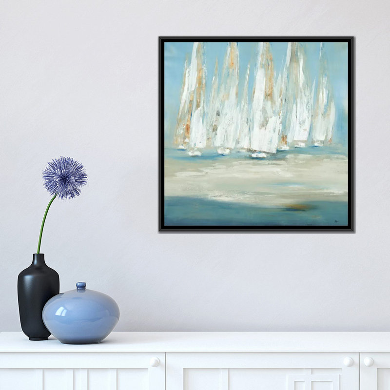 « regatta », reproduction sur toile, H 18 po x l 18 po x P 1,5 po, Toile avec cadre noir, Pas de tapis