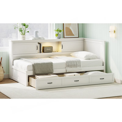 Cadre de lit en forme de L avec tiroir et bibliothèque, lit d'angle en bois avec lit à DEL et port USB pour petite pièce, chambre à coucher, chambre d'amis, double, blanc